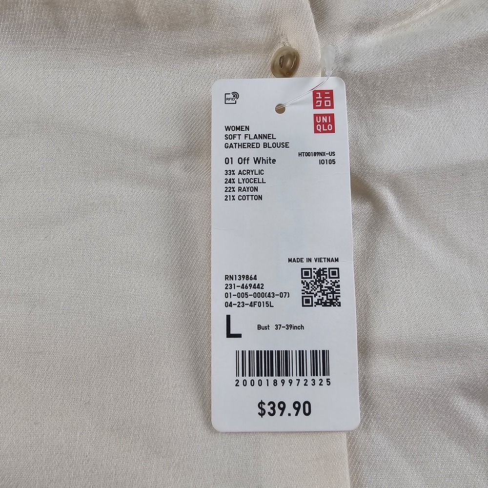 Uniqlo Soft Flannel Gathered Blouse Womens L Peasant Off White Cream Cottagecore - Picture 5 of 11